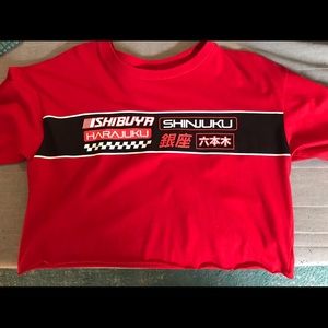 Forever 21 Cropped Red Print Long Sleeve Teeshirt